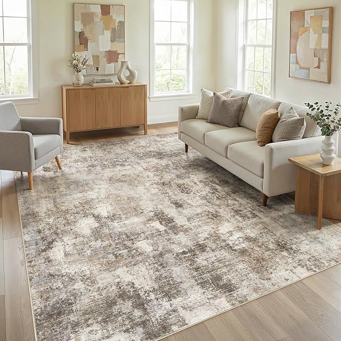 WITSHOCK Area Rugs 8x11 Living Room Rug - Washable Neutral Soft Low Pile Non-Slip Modern Abstract Thin Large Indoor Carpet for Bedroom Dining Room Nursery Office - Dark Brown