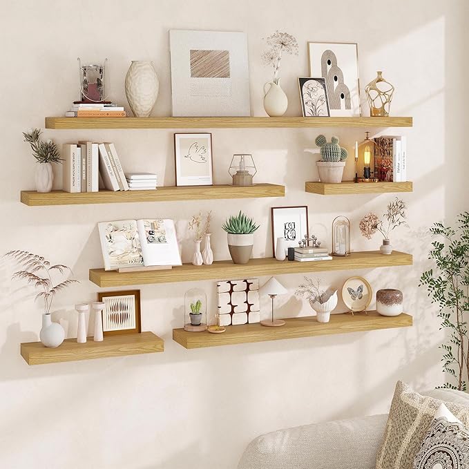 Fun Memories Floating Shelves for Wall, 40Inch Floating Shelves Set of 2, Hanging Shelf with Invisible Brackets, Wood Shelves for Living Room, Bedroom, Kitchen, Oak