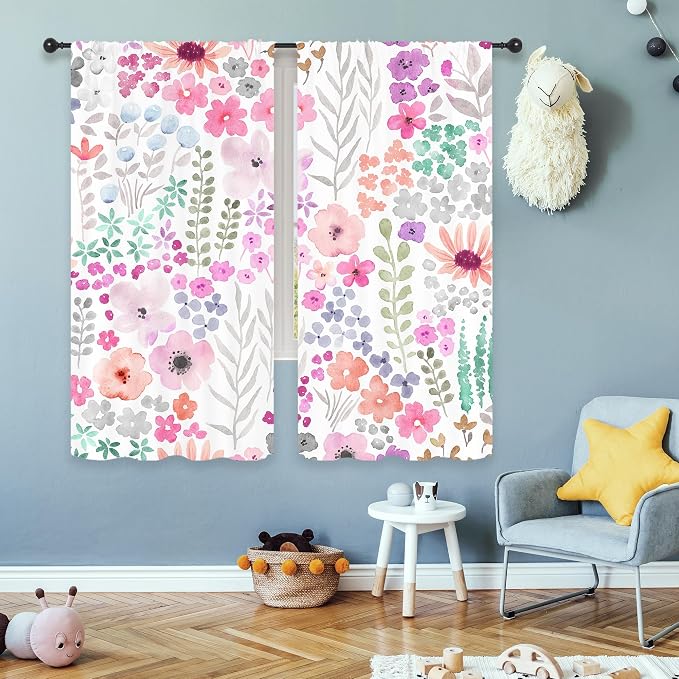 Riyidecor Purple Floral Colorful Curtains Cute Watercolor Flowers Leaves Plants Leaves Girly Botanical Modern Rod Pocket Preppy Funny Bedroom Living Room Treatment Fabric 2 Panels 42Wx63H Inch