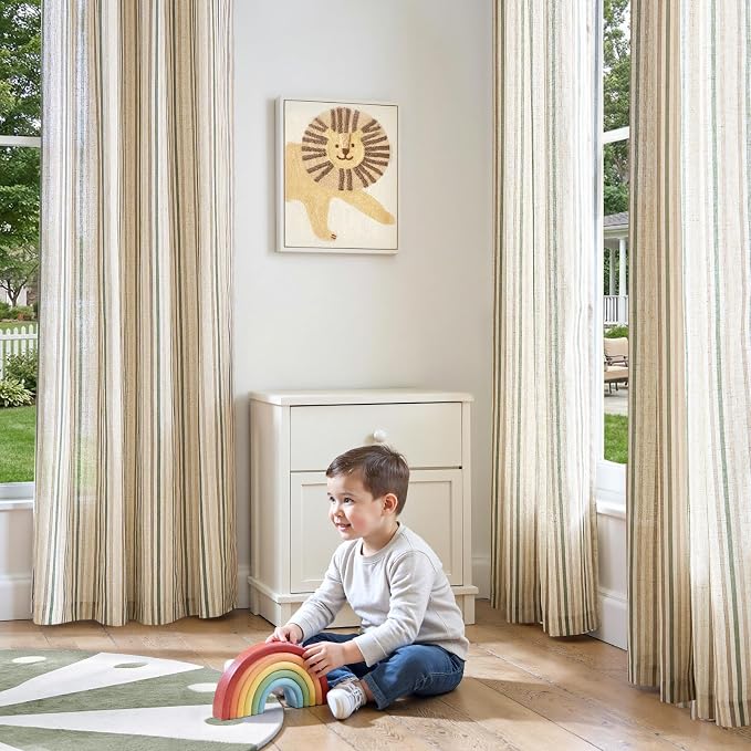jinchan Linen Curtains 63 inch Green Stripe for Kids Room Grommet 2 Panels | Kids Curtains for Nursery Living Room Bedroom Baby Boys Room,Cute Colorful Ticking Stripe,Cottagecore Rustic,Light Filtering