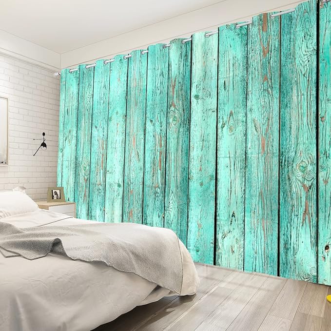 Mint Green Window Curtains Vintage Rustic Wood Plank Old Barn Door Garage Door Vertical Striped Wood Farmhouse Rural Farm Style Living Room Bedroom Drapes Treatment,42x96 inch,2 Panels