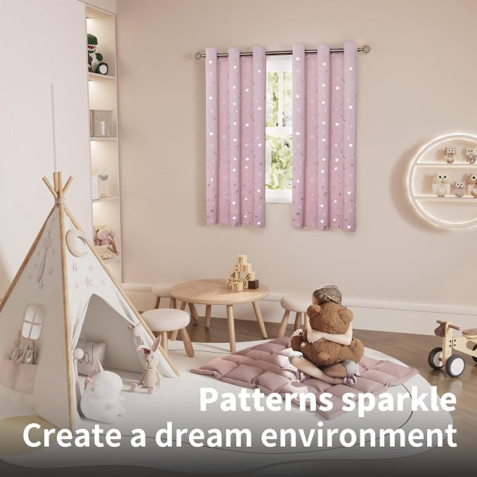 BGment Pink Curtains for Girls Bedroom, Star and Moon Blackout Curtains for Kids Room 63 Inch Long, Thermal Insulated Room Darkening Nursery Window Curtains with Grommet, 2 Panels, 42 Wide, Light Pink