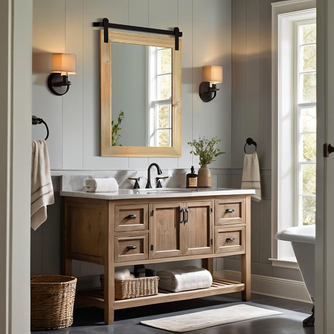 COGOOD Farmhouse Barn Door Mirror - 22" x 30" Rustic Wood Framed Wall Mirror for Bathroom, Living Room, Entryway Wall Decor (Burlywood)