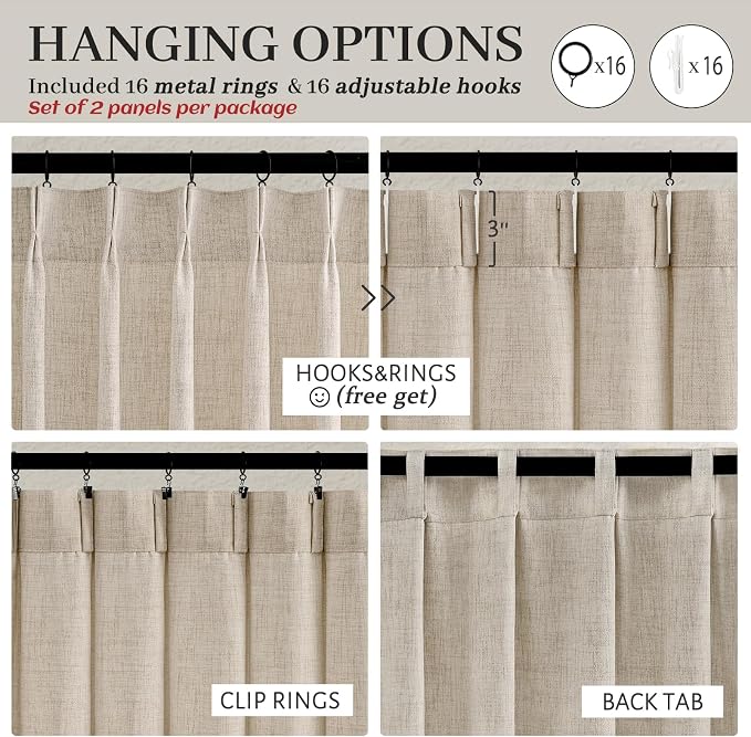 Extra Long 132 Inch Pinch Pleated Natural Linen Curtains for Bedroom 2 Panels Set, Light Filtering Memory Trained Protect Privacy Luxury Windows Curtain Oatmeal 11 FT Length Floor to Ceiling Drapes