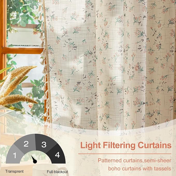 OYX Boho Floral Curtains 63 Inch Length 2 Panels for Living Room, Bedroom Light Filtering Drapes, Farmhouse Vintage Country French Rustic Tassels Pattern Rod Pocket Aesthetic Decor Window Treatments