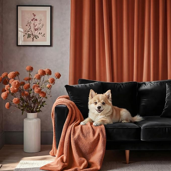 Terracotta Velvet Curtains 84 Inch Length 2 Panels Set Back Tab Luxury Boho Blackout Curtain for Living Room Bedroom Thermal Insulated Soft Window Drapes Brick Rust Orange Bohemian Fall Decor 7FT Long