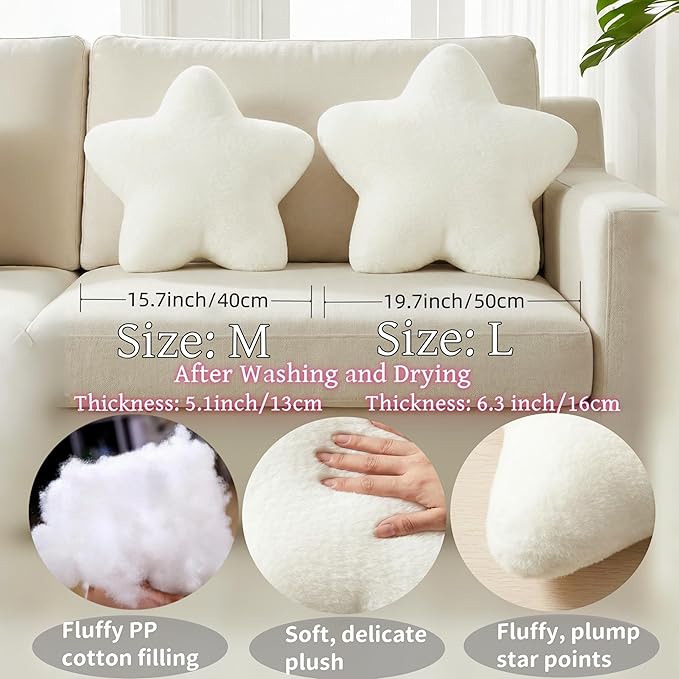 15.4 Inch Star Pillow Cute White Fluffy Decorative Throw Pillows for Couch Bed Sofa, Small Aesthetic Soft Floor Cushions for Living Room Bedroom Decor (Cream White, 15.4" x 15.4")
