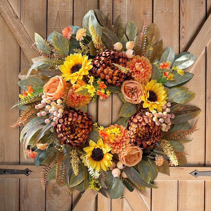 WANNA-CUL 24 Inch Sunflower Fall Front Door Wreath Farmhouse Harvest Decor | Autumn Wreath with Roses Dahlias Pinecones Berries Indoor Outdoor Boho Wall Mantel Table Centerpiece Thanksgiving Decorations