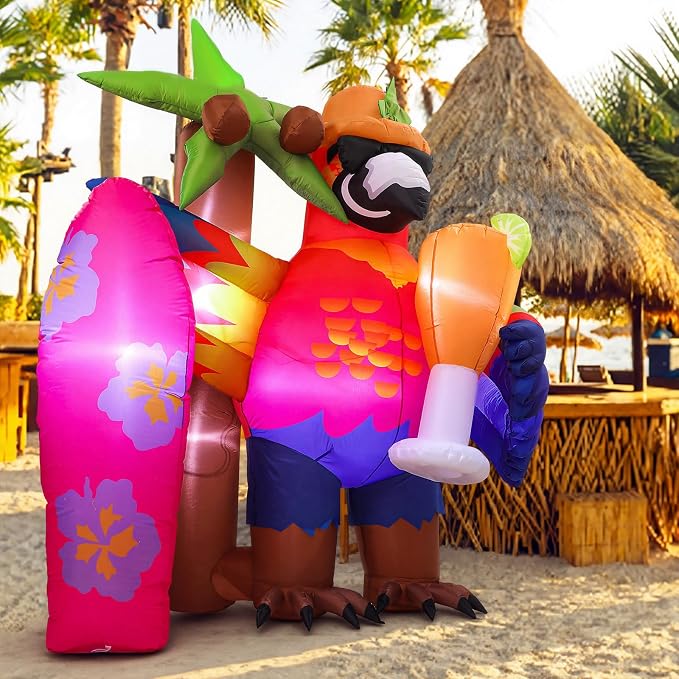 Leyndo 7.2x5.7ft Gaint Hawaiian Inflatable Parrot Decorations Tiki Inflatable Palm Coconut Tree with LED Lights Aloha Luau Hawaiian Tropical Party Decorations for Indoor Outdoor Birthday Beach