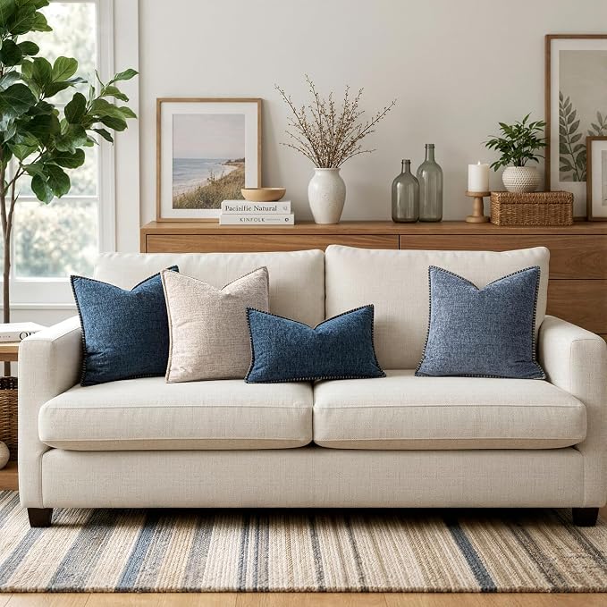 MIULEE Pack of 2 Couch Throw Pillow Covers 20x20 Inch Dark Blue Farmhouse Decorative Pillow Covers with Stitched Edge Soft Chenille Solid Dyed Pillow Covers for Sofa Bed Living Room
