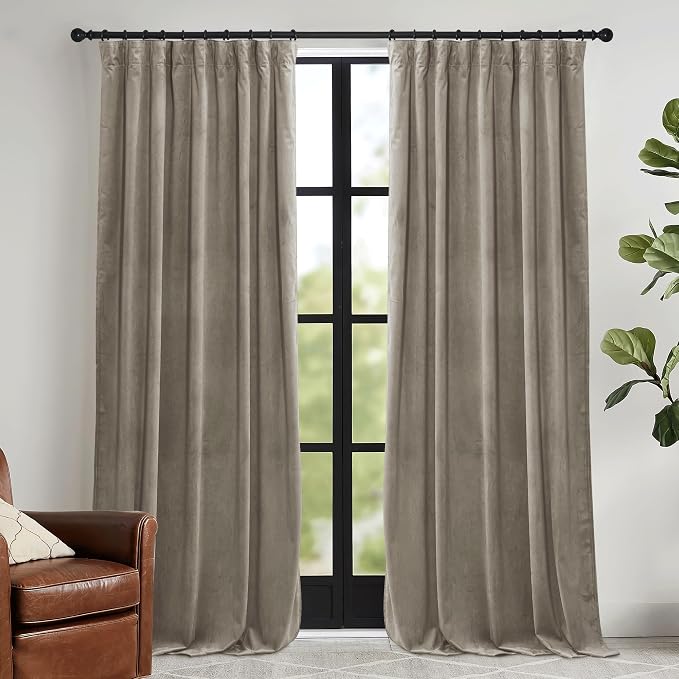 RYB HOME Taupe Velvet Curtains 72 inches with Hook Belt, Soft Fabric Room Darkening Thermal Insulated Luxurious Home Decor Curtains for Living Room Bedroom, W 52" x L 72", 2 Panels Set