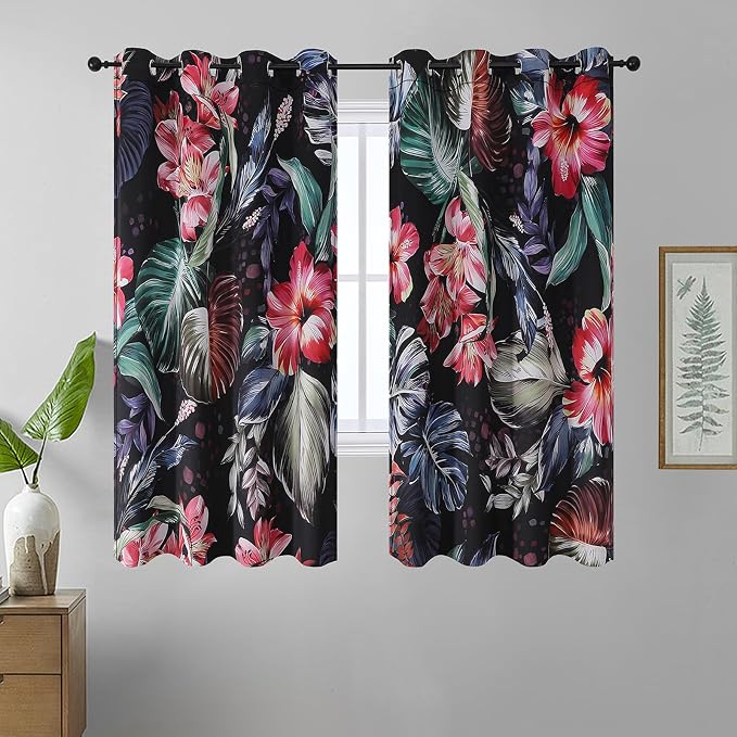 Estelar Textiler Boho Floral Blackout Curtains for Living Room 63 inch Long 2 Panels,Watercolor Leaf and Flower Print Thermal Insulated Room Darkening Drapes for Bedroooom,52x63 Inch