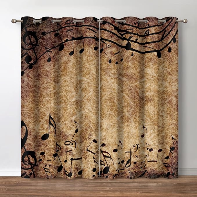 Jekeno Retro Music Blackout Curtains - Musical Note Theme Printed Window Drapes Decor Music Lovers Bedroom Living Room Home Grommet Window Drapes 2 Panel Set 42" x 63"