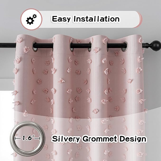 MYSKY HOME 100% Blackout Curtains for Girls Bedroom 90 Inch Long Total Room Darkening Curtain for Living Room 2 Panels Grommet Light Blocking Sliding Door Drapes Blush Pink Pom Pom Sheer 52" x 90"