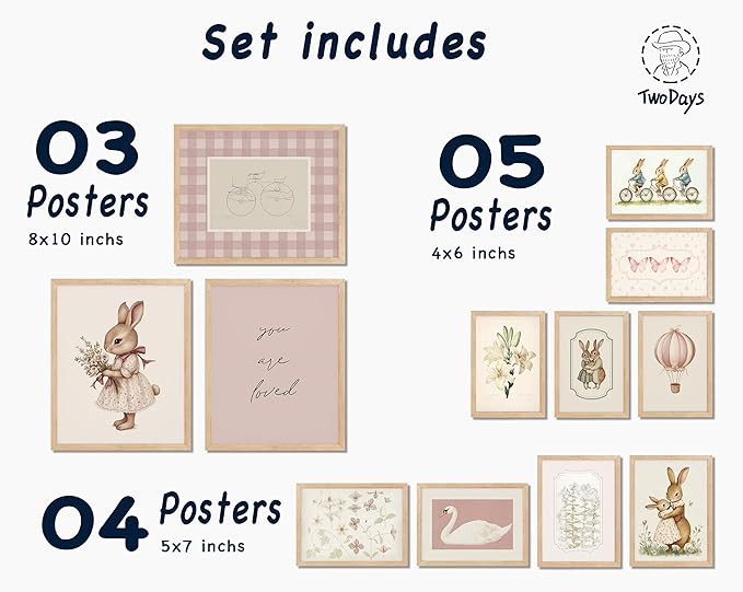 TwoDays Vintage Nursery Decor for Baby Girls, Pink Rabbit Bunny Wall Art for Toddler Kids Playroom, Swan Animals Posters for Bedroom (Multi Sizes, Set of 12, 8 × 10 Largest, UNFRAMED)