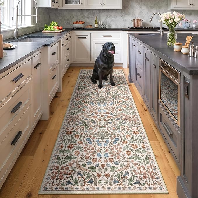 2x6 Machine Washable Runner Rug, Kitchen Hallway Area Rug Beige Vintage Boho Floral Non-Slip Low Pile Soft Faux Wool Carpet Kids and Pets Friendly for Bedroom Entryway Nursery Home Decor Rug