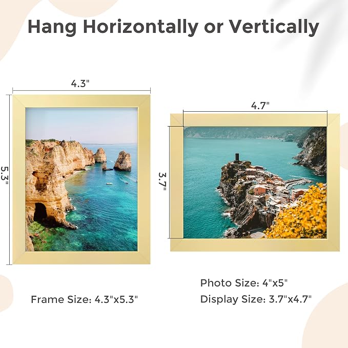 FLYJOE 4x5 Metal Picture Frame - Gold Aluminum Picture Frames with Real Glass for Wall Hanging or Tabletop, Horizontally or Vertically, 4 x 5 Wall Gallery Poster Photo Frames for 4 by 5 Photo, Gold