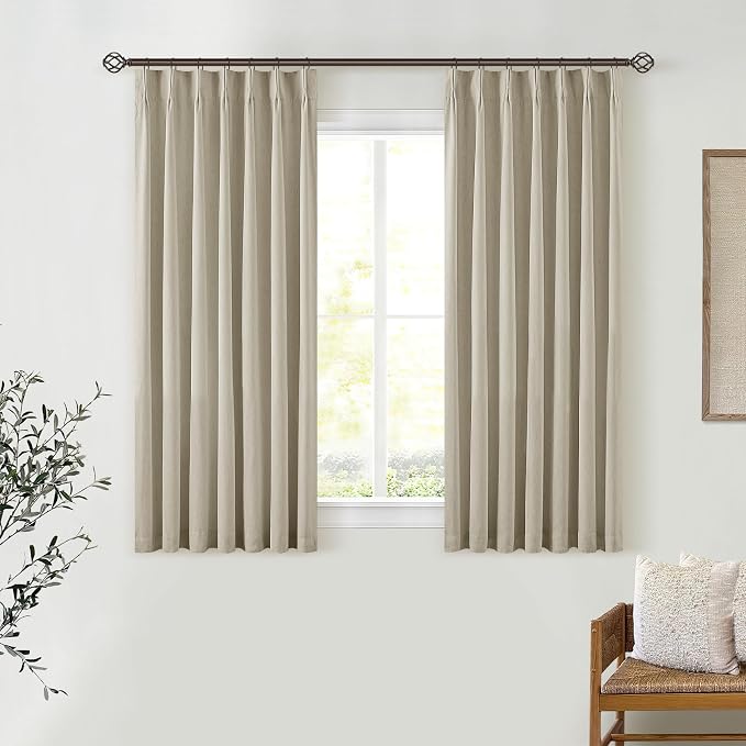 Greyish Beige Linen Blackout Curtains 45 Inch Length 2 Panels Pinch Pleated Back Tab Short Curtains for Kitchen with 100% Blackout Liner Neutral Farmhouse Drapes for Basement Thermal Insulated Drape