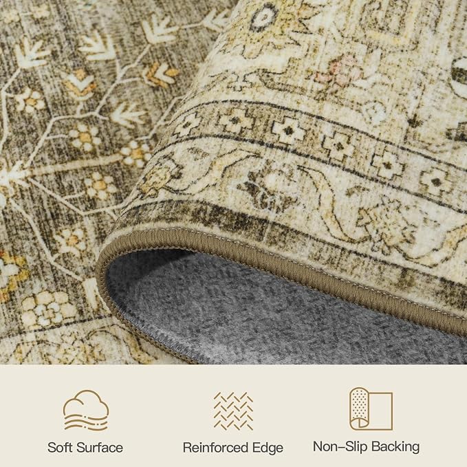 Lofus 5x7 Washable Brown Area Rug for Living Room Bedroom Non-Slip Low Pile | Soft Boho Vintage Area Rugs for Bedroom Dinning Room Home Office Indoor