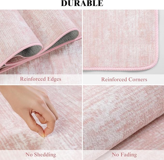 6x9 Washable Area Rug, Pink Solid Area Rugs for Living Room & Bedroom | Stain-resistant & Non-slip backing,Low Pile Washable Large Carpet, Solid Vintage Style For High Traffic Areas(6x9,Pink)