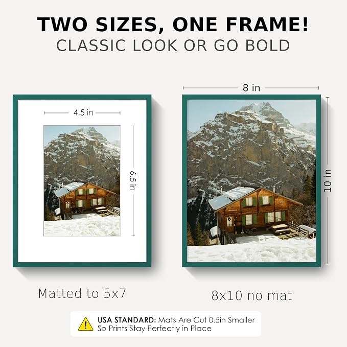 8x10 Picture Frame for 5x7 Photo, Minimalist Aluminum Frame, Dark Green | Metal Wall Frame for Gallery, Desk, or Gift Giving | Shatterproof Glass & Wall Kit