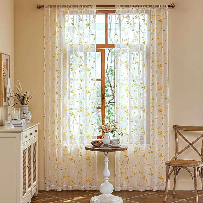 AmHoo 2 Panels Embroidered Leaf Pattern Semi Sheer Curtains Foliage Floral Voile Window Draperies Treatment for Bedroom Living Room Rod Pocket White Gold Yellow 53 x 84 Inch