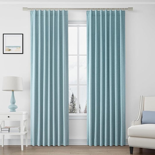 Joywell 100% Blackout Linen Curtains 84 Inch Long for Bedroom Rod Pocket Back Tab Hook Belt Black Out Curtain Thermal Insulated Drapes for Living Room Window 2 Panels,52 x 84,Light Blue