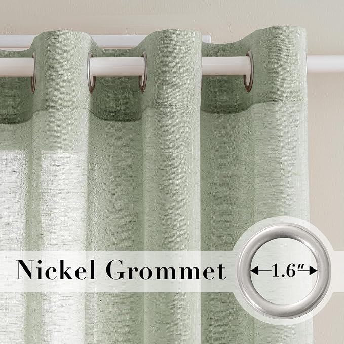 H.VERSAILTEX Linen Curtains 90 inches Long Linen Curtains/Natural Linen Blended Sheer Curtain/Panels/Drapes for Living Room, Home Decorative Privacy Window Treatment Nickel Grommets, Sage