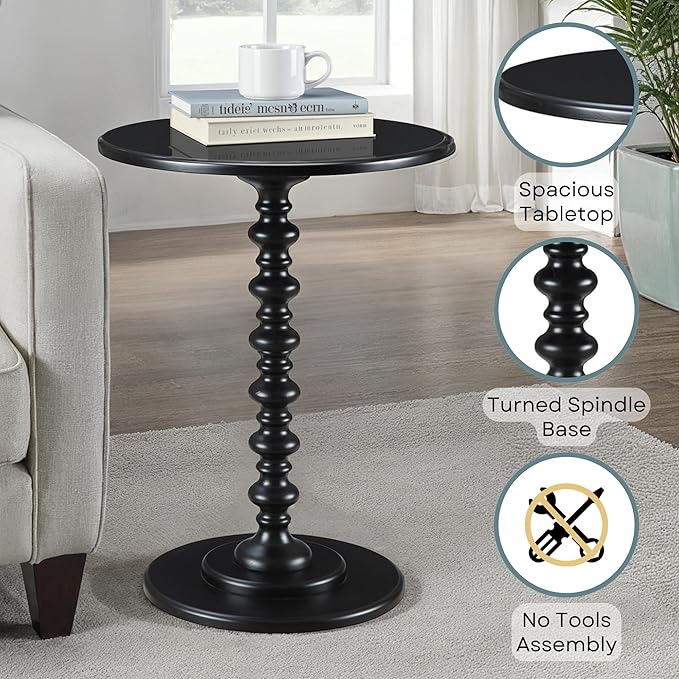 Convenience Concepts Palm Beach Spindle Table 17.75" - Traditional Round End Table for Living Room, Turned Solid Wood Side Table, Classic Display Pedestal Table, Black