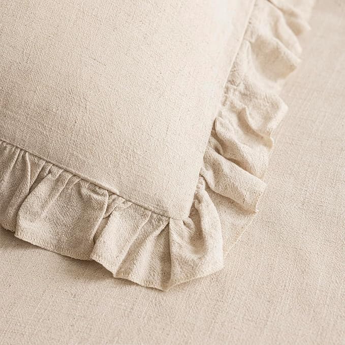 Foindtower Set of 2 Decorative Soild Fringe Ruffle Throw Pillow Covers Soft Boho Farmhouse Cushion Cover Cozy Accent Retro Pillowcase for Couch Sofa Bed Living Room Home Decor,20×20 Inch,Natural Beige