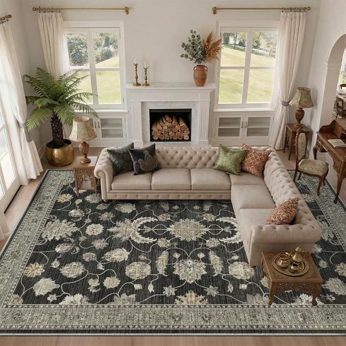 8x10 Area Rug for Living Room-Vintage Farmhouse Boho Floral Washable Stain Resistant Indoor Carpet for Bedroom Office and Home Decor(Black&Gold)