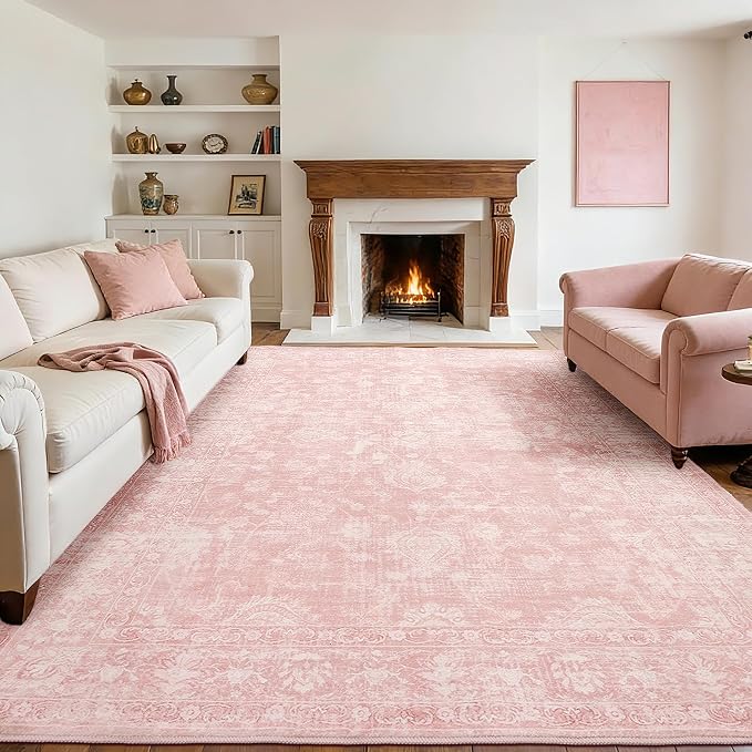 FROZZUR Boho Pink Area Rug 8x10 Large Vintage Rug for Living Room Bedroom Dining Table, Non Slip Distressed Washable Rugs for Home Office Decor Pink