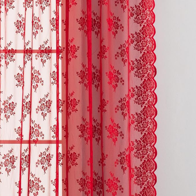 Kotile Red Sheer Lace Curtains 96 Inches Long, W52 x L96 Inch, 2 Panels Country Rustic Floral Red Lace Curtains for Living Room, Rod Pocket Privacy Light Filtering Christmas Sheer Window Curtain