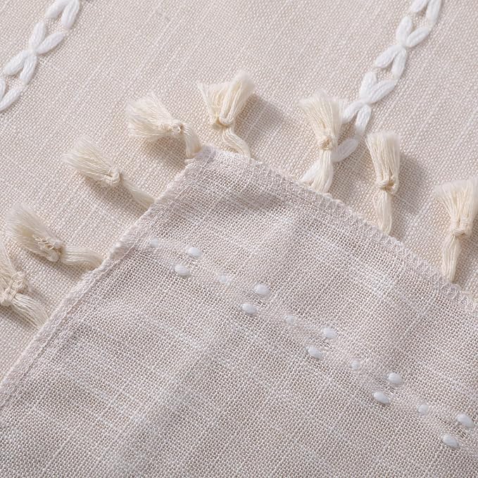 RoomTalks Boho Kitchen Valances for Windows Embroidered French Striped Farmhouse Vintage Chic Textured Tassel Curtain Valances for Bathroom Living Room Bohemian Decor (18’’L x 52’’W, Beige)