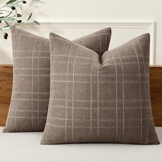 MIULEE Decorative Linen Check Throw Pillow Covers Neutral Farmhouse Vintage Pillow Covers 18x18 Set of 2 Boho Modern Winter Home Decor for Sofa Couch Bedroom Cushion Taupe