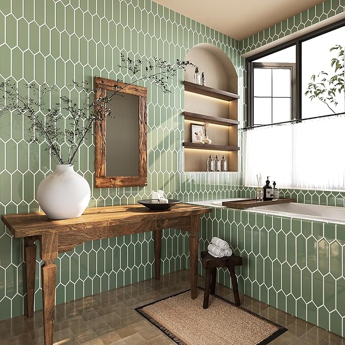 VaryStyle Sage Green Backsplash Tile Peel and Stick Kitchen Backsplash Long Hexagon Wall Tiles Self Adhesive Sticky Waterproof Vinyl Mosaic Back Splashes Stickers for Shower Walls Stove 12"x12" 18PCS