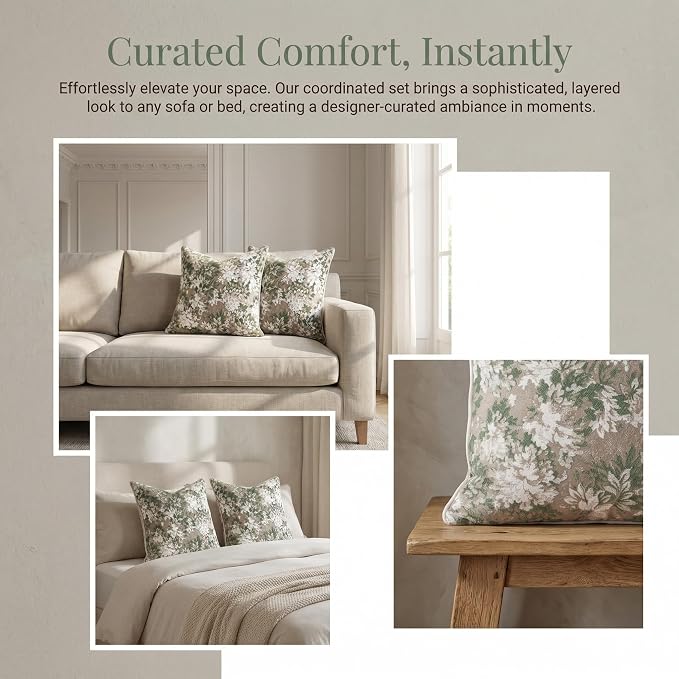 Vintage Floral Throw Pillow Covers 12x20 Inches Set of 2 Lumbar Boho Pillow Cases Premium Chenille Textured Decorative Cushion Covers for Couch Retro Garden Farmhouse Style Grass Green