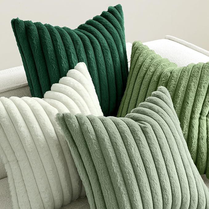 MIULEE Faux Fur Plush Decorative Throw Pillow Covers 18x18 Set of 4, Spring Modern Soft Fuzzy Striped Cushion Covers for Sofa Couch Bed Living Room Cozy Home Decor,Green