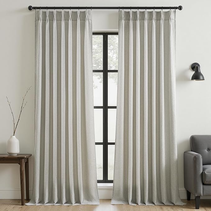 105 Inch Curtains 2 Panels Set,Two Packs Pinch Pleat Back Tab Linen Window Semi Sheer Privacy Thick Decorative Curtain Drapes for Living Room Bedroom,40x105 in Long,Grey Beige