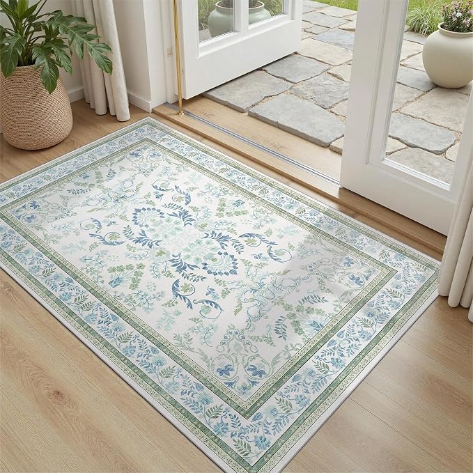 DCX Green 2x3 Entryway Rug, Kid & Pet Friendly with Rubber Back Non Slip, Machine Washable Stain Resistant Botanical Floral Rug for Bathroom, Kitchen, Soft Low Pile Small Carpet