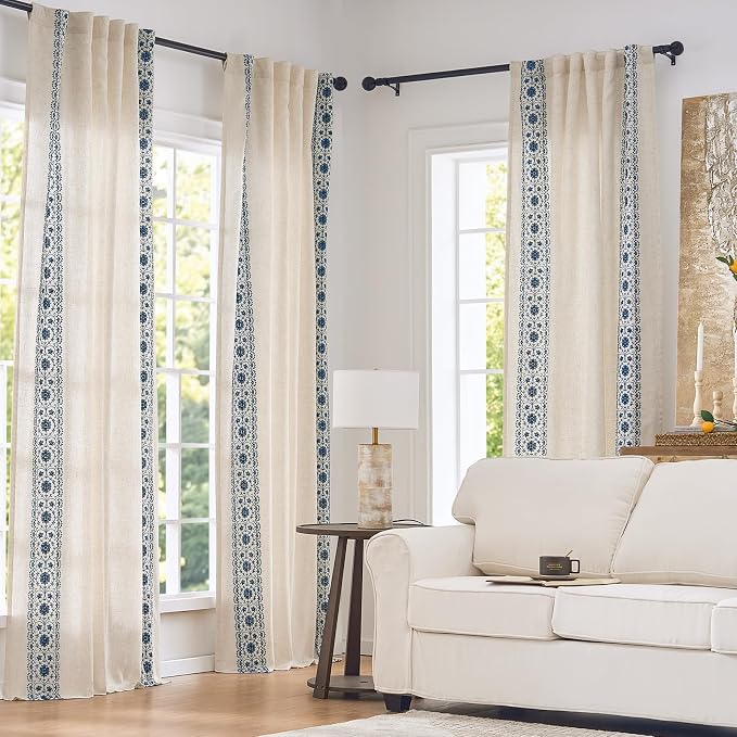 jinchan Weslie Boho Lined Linen Curtains for Bedroom Blue Vintage Floral Farmhouse Curtains 90 Inches Long Linen Drapes for Living Room Embroidered Drapes Rod Pocket Blue on Beige 2 Panels
