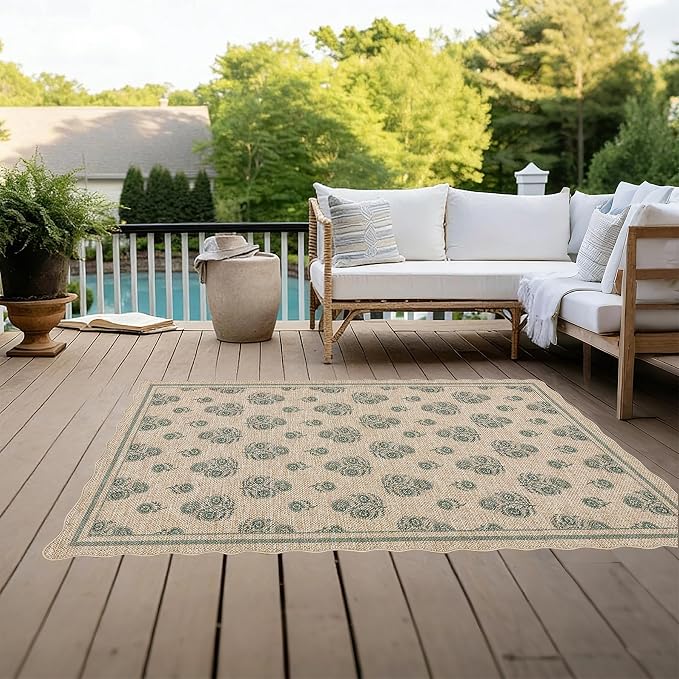 ORTIGIA Scalloped Easy Jute 3x5 Area Rug Vintage Green Floral Accent Farmhouse Washable Rug Non-Slip Indoor Outdoor Carpet for Living Room Bedroom Kitchen Patio Entryway