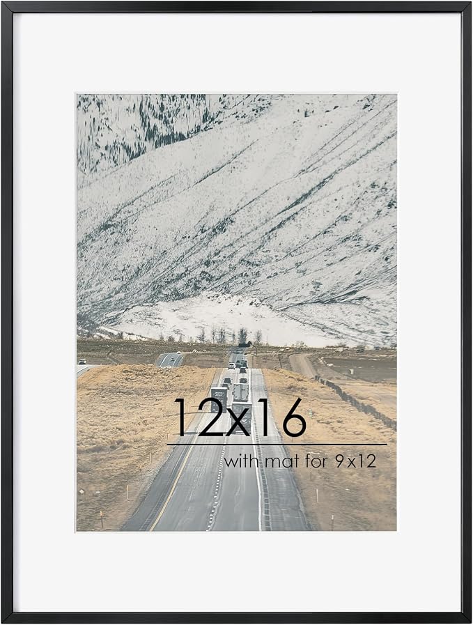 FLYJOE 12x16 Metal Picture Frame for Wall With Mat for 9x12, 12''x16'' Aluminum Certificate Document Frames With Plexiglass, Minimalist Modern Poster Frame Horizontally And Vertically, Black