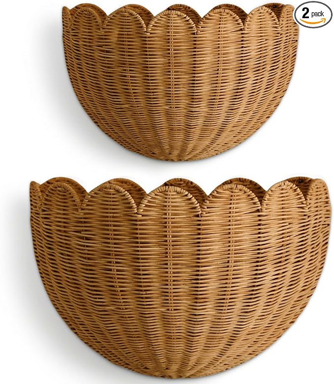 BEBE BASK The Original Scalloped Wicker Wall Basket – Set of 2 – Handwoven Scalloped Wall Baskets (16 x 10 x 7 in), Woven Rattan Wall Hanging Baskets - Mocca Scalloped Basket