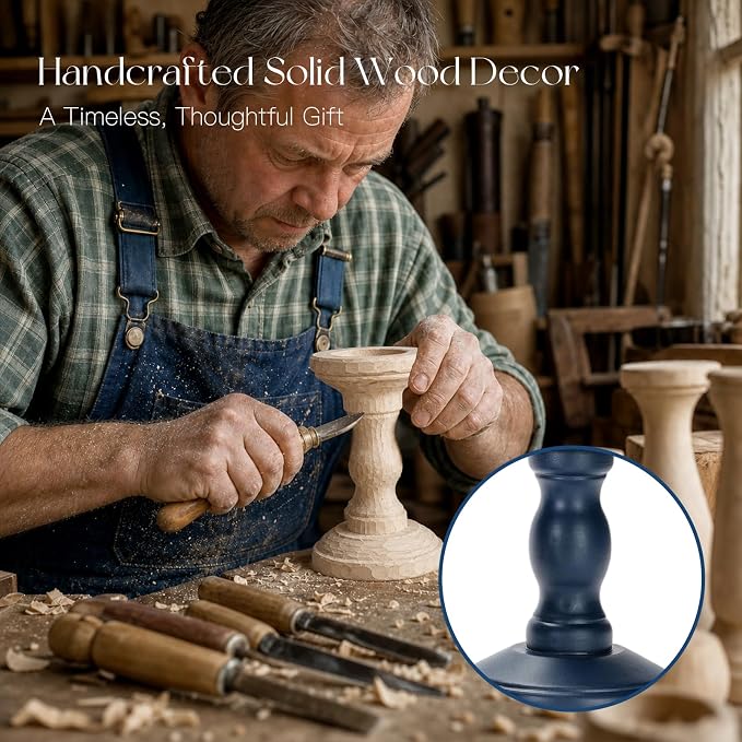 Candeldo Wooden Candle Holders Pillar: Navy Blue Candlestick Holders Table Centerpiece Blue Kitchen Decor Rustic Farmhouse Coastal Decorations for Fireplace Mantle