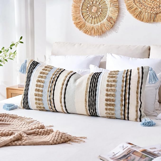NUYECY Chenille and Cotton Long Pillow for Bed, Striped Textured Boho Lumbar Throw Pillow Cover 14x36, Neutral Accent Decorative Extra Long Body Pillow Case for Couch, Sofa, Bedroom, Khaki