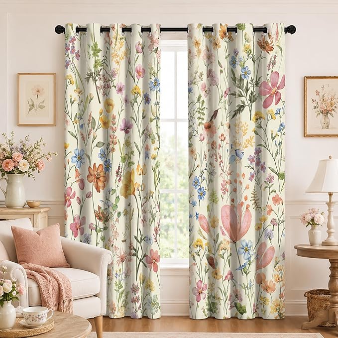 Floral Blackout Curtain, Colorful Wildflower Vintage Botanical Aesthetic Window Curtains Living Room Bedroom Decor Darkening Window Drapes Treatments, 2 Panels 52x84 Inch