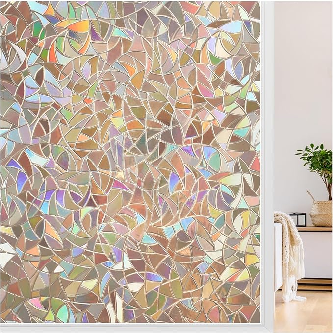 LUTE Window Privacy Film, Rainbow Window Flim, 3D Decorative Stained Glass Cling, Non-Adhesive Vinyl Static Cling Removable Glass Sticker, Sun UV Blocking Covering for Home, Brown, 35.4 x 157.4 inches