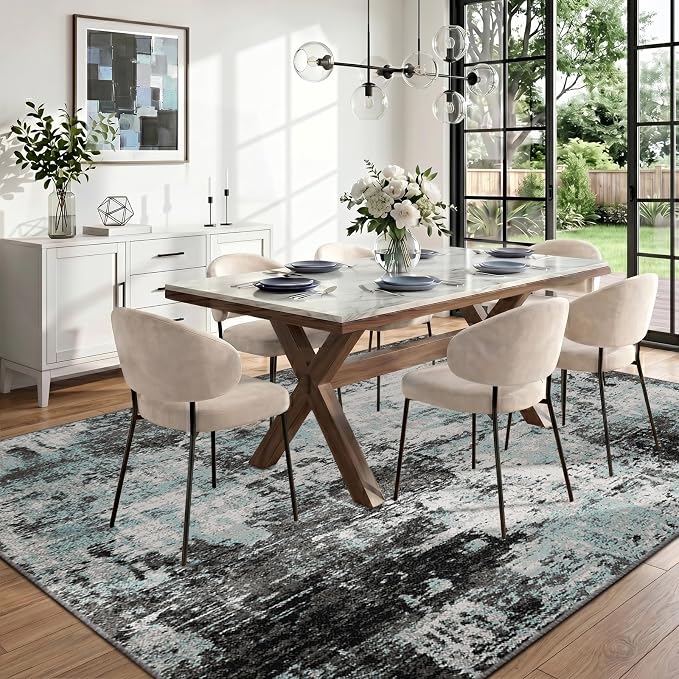 RELEANY Washable Area Rugs 6'x9' Non-Slip Modern Abstract Soft for Living Room Entryway Bedroom Kitchen, Print Pattern, Blue Black Teal