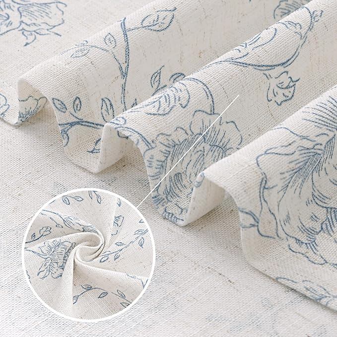 Pinch Pleat Floral Linen Curtains 108 inch Long Blue and Cream Memory Trained Curtain Light Filtering Living Room Farmhouse Flower Pattern Printed Pleated Drapes with Hooks 2 Panels 40“W x 108"L